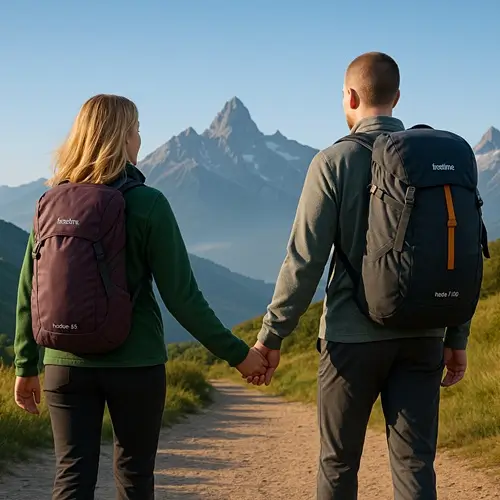 Couple avec sac à dos de survie en cours d'évacuation sur un chemin de montagne.