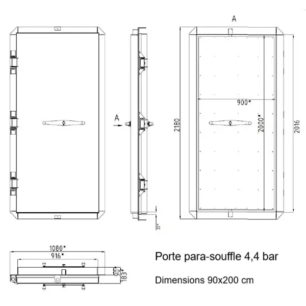 Schéma structurel de la porte de bunker 4.4 bar de dimensions standard 90x200 cm.