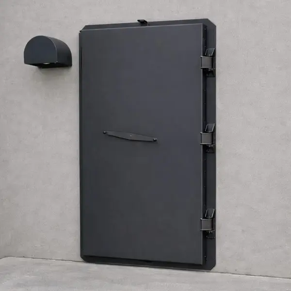 Vue extérieure d'une porte de bunker para-souffle 4.4 bar et étanche aux gaz, de couleur gris anthracite.