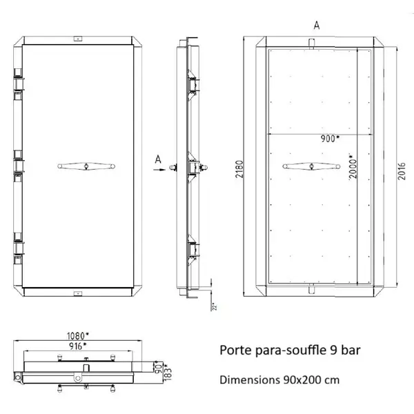 Schéma structurel de la porte de bunker 9 bar de dimensions standard 90x200 cm.