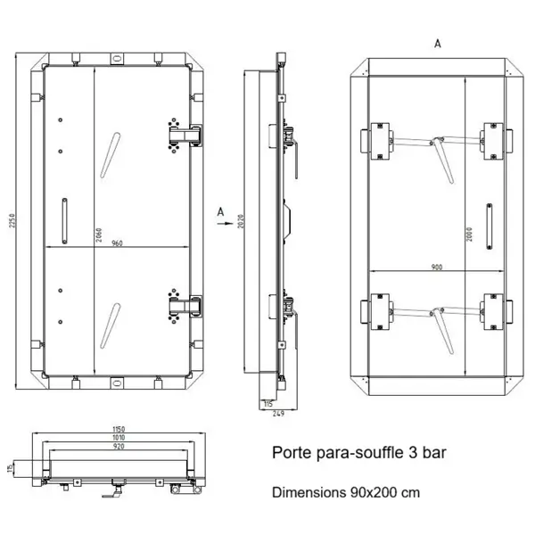 Schéma de la porte para-souffle 3 bars, étanche aux gaz, vue de l'intérieur. Normes finlandaises.