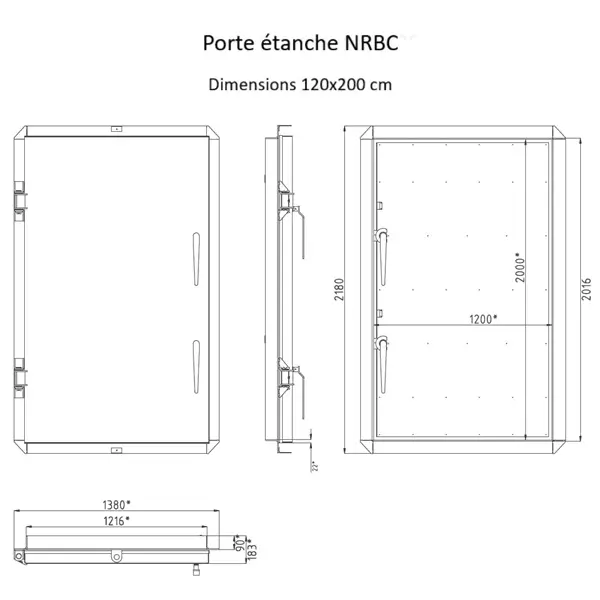 Schéma de la porte étanche aux gaz NRBC largeur 120 cm.