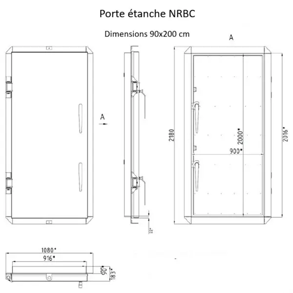 Schéma de la porte étanche aux gaz NRBC largeur 90 cm.