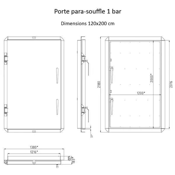 SHéma de la porte anti-souffle NRBC-E 1 bar de dimensions 120x200 cm.
