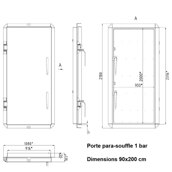 Shémas de la porte para-souffle 1 bar de dimensions standards 90x200 cm.