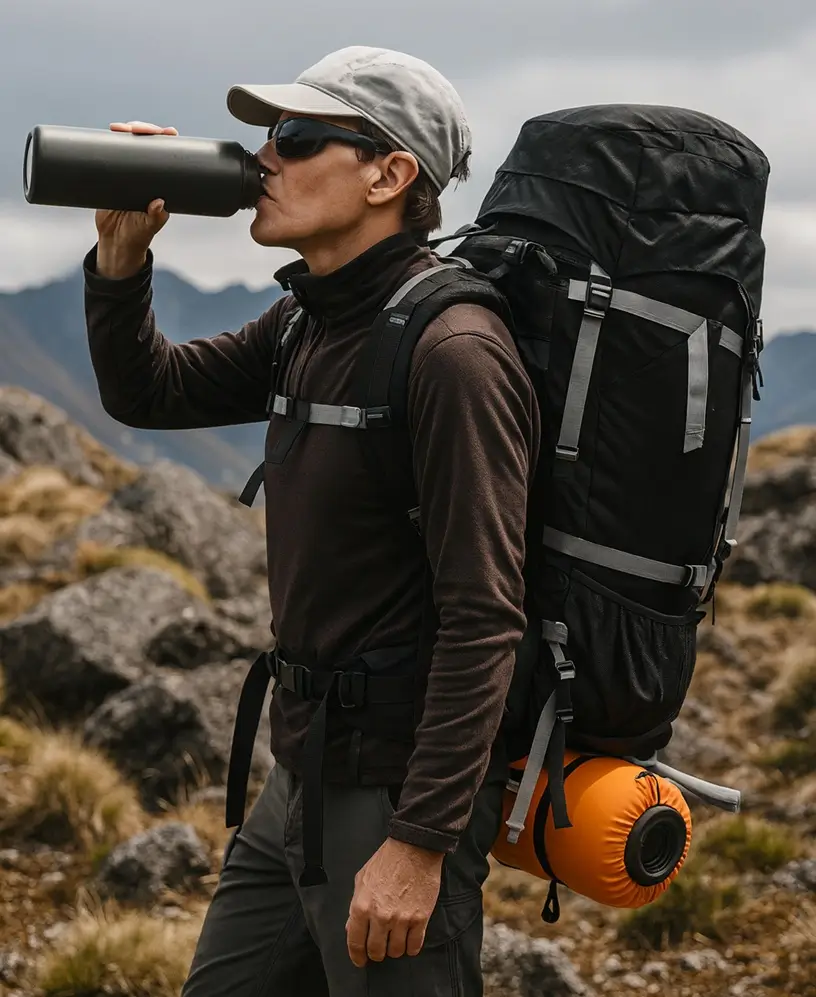Homme avec un Bug Out Bag en cours d'évacuation en montagne.