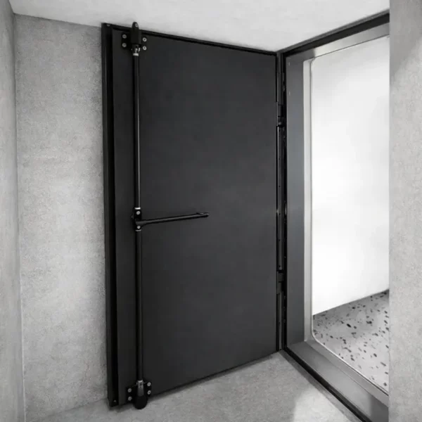 Vue intérieure avec système de levier de la porte para-souffle NRBC-E 2,5 bar, ouverte, de couleur noire.