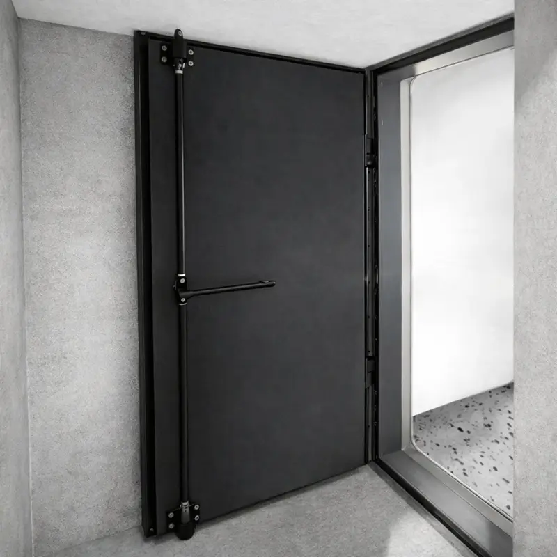 Vue intérieure avec système de levier de la porte para-souffle NRBC-E 2,5 bar, ouverte, de couleur noire.