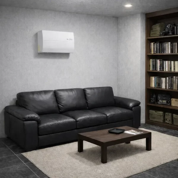 Mise en situation du système de ventilation / filtration NRBC 36m3 fixé au mur d'une safe room.