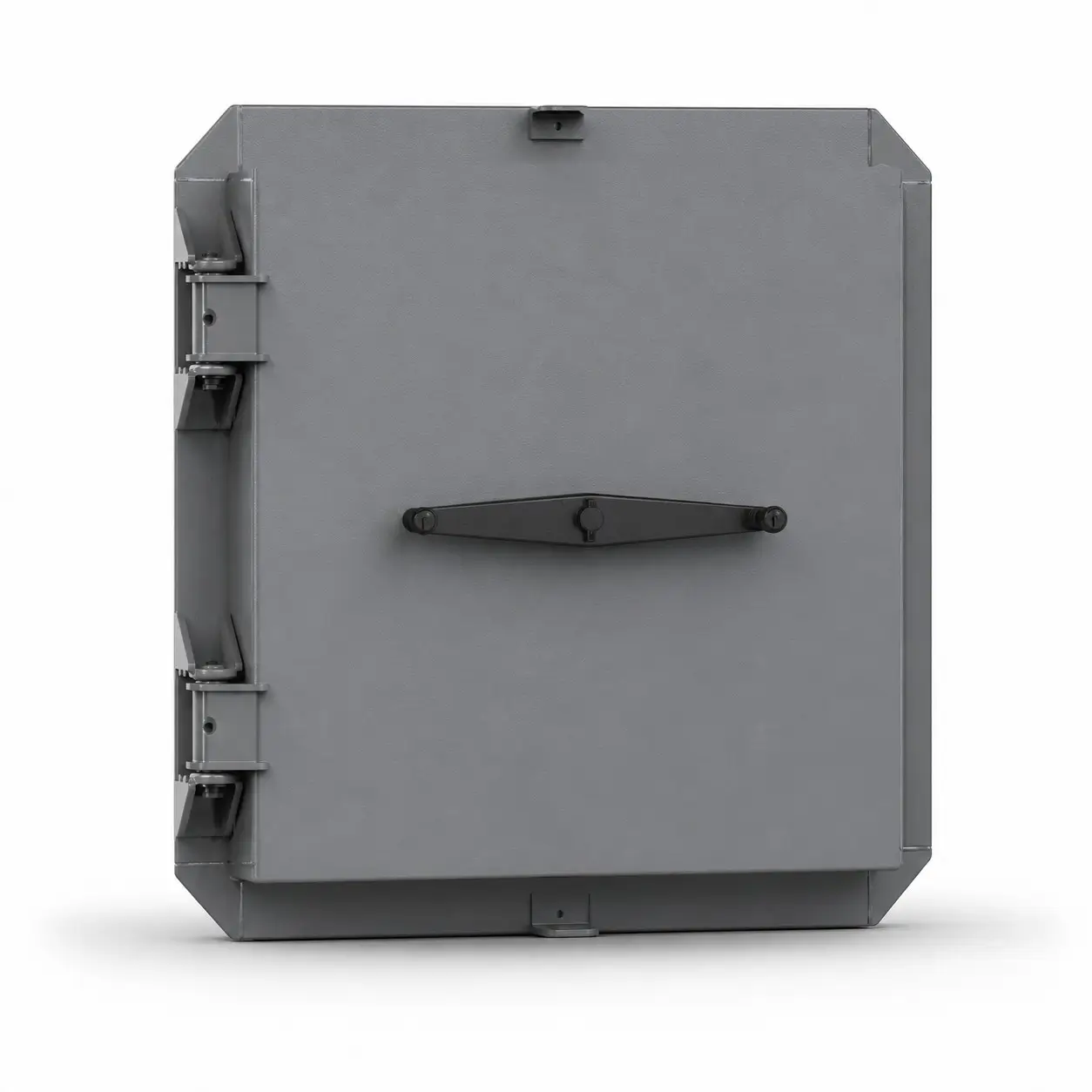 Vue extérieure d'une trappe de bunker para-souffle massive avec fermeture à volant ou roue.