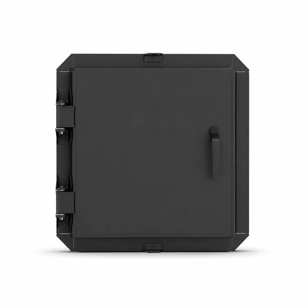 Vue extérieure d'une trappe de bunker noire à fermeture par levier.