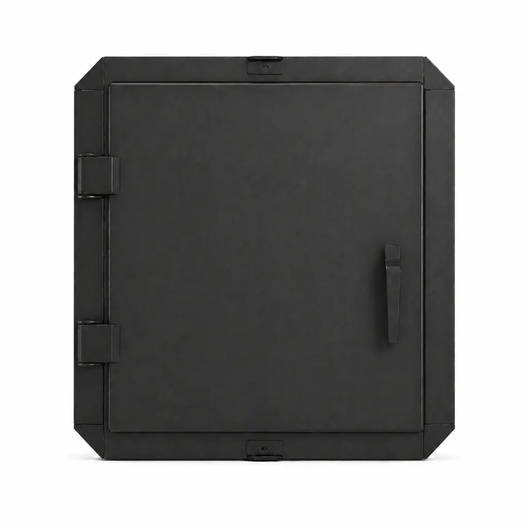 Vue extérieure d'une trappe de bunker noire à fermeture par levier.