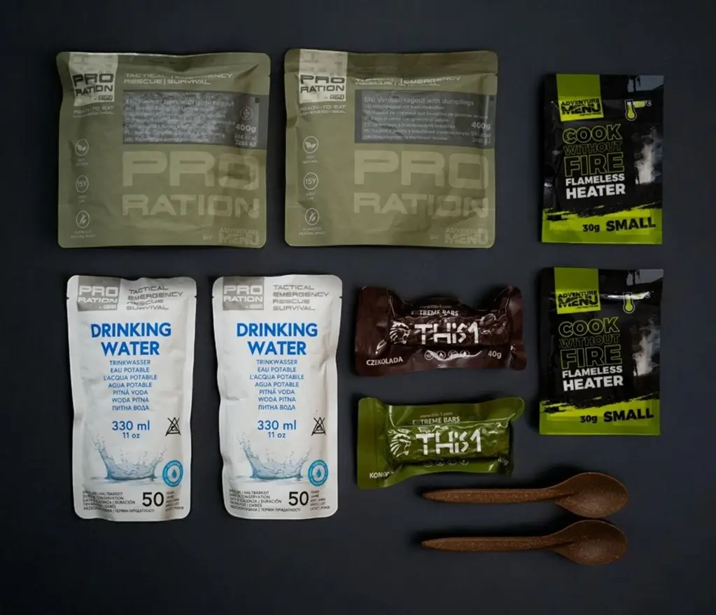 Composition de la ration alimentaire Emergency Food / Water Pack de Pro Ration.