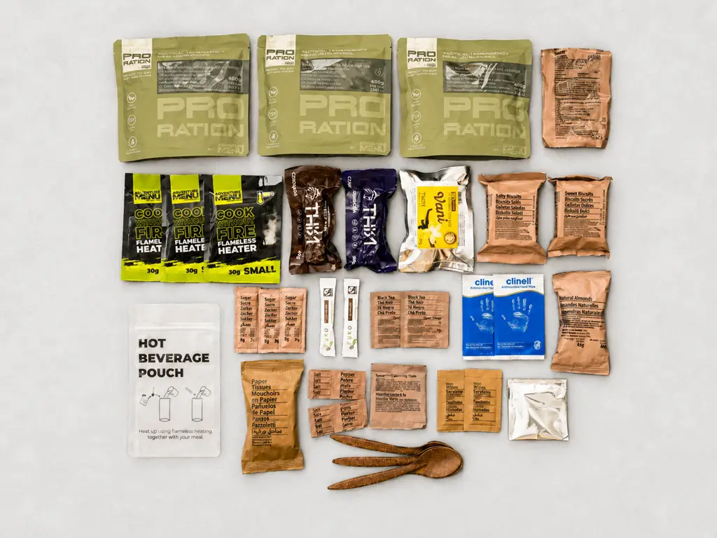Contenu type d'une ration alimentaire Ultimate Tactical Full Day de Pro Ration.