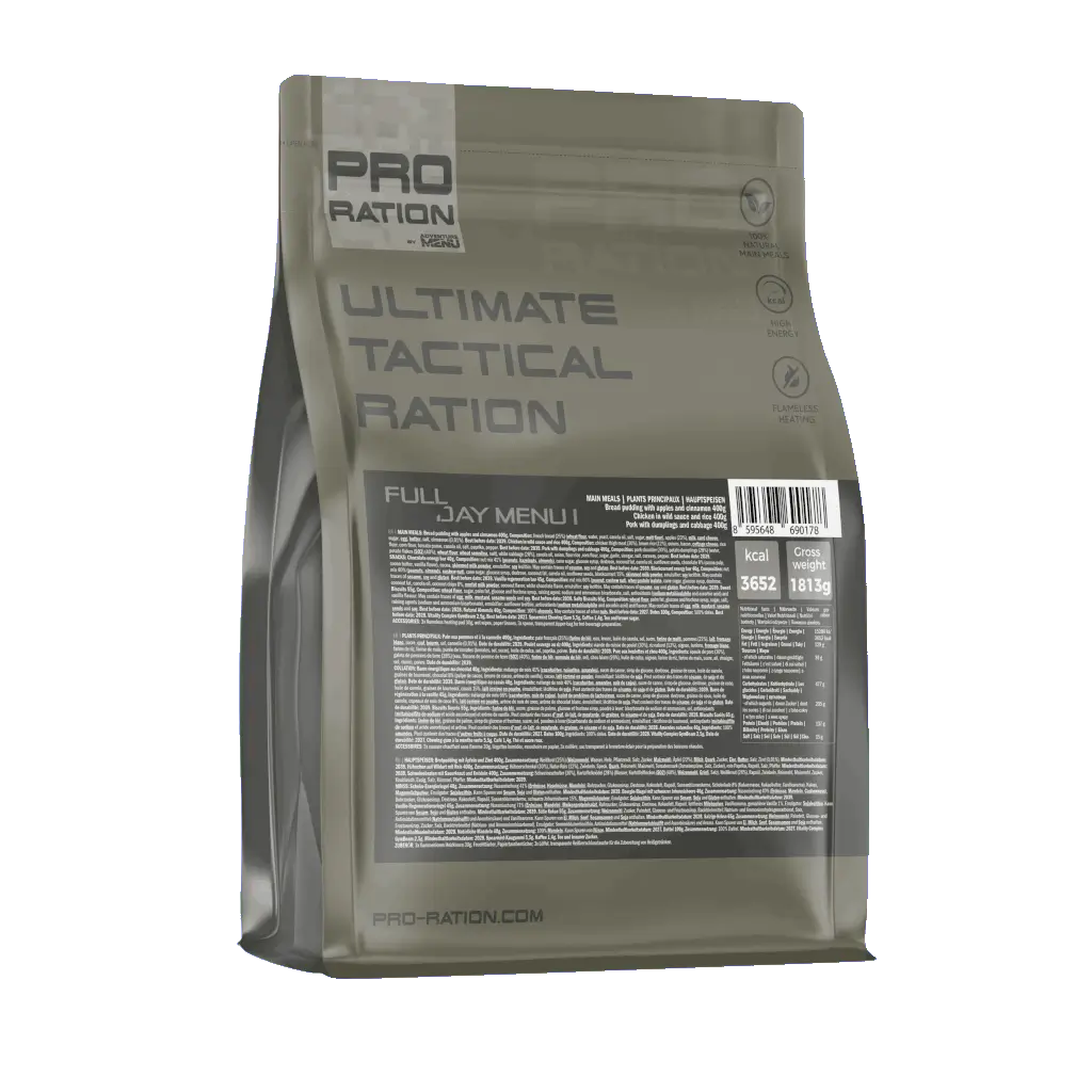 Ration alimentaire de type MRE Ultimate Tactical Full Day de PRO RATION - Menu 1.
