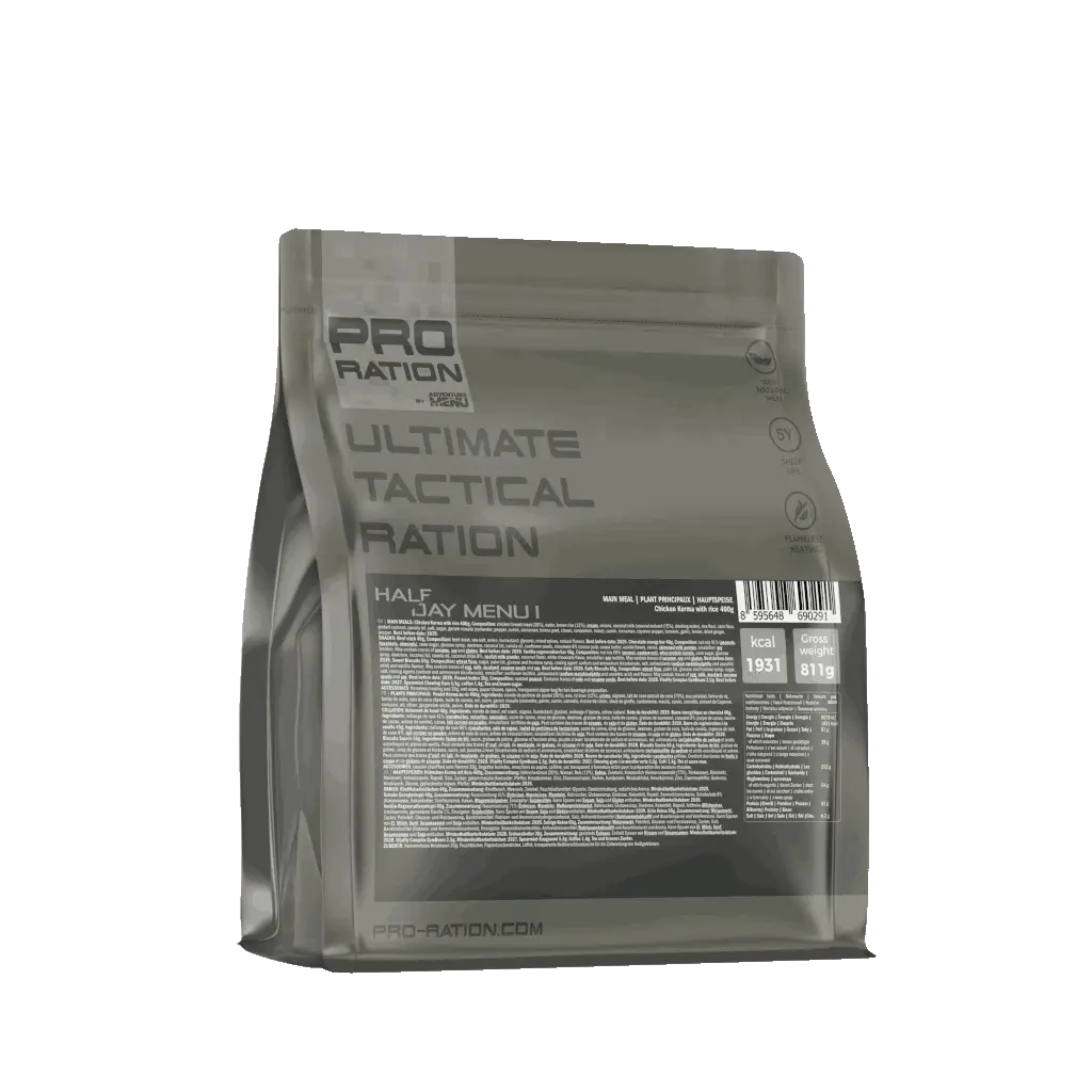 Packaging de la ration alimentaire de type MRE Ultimate Tactical Half Day de PRO RATION - Menu 1.