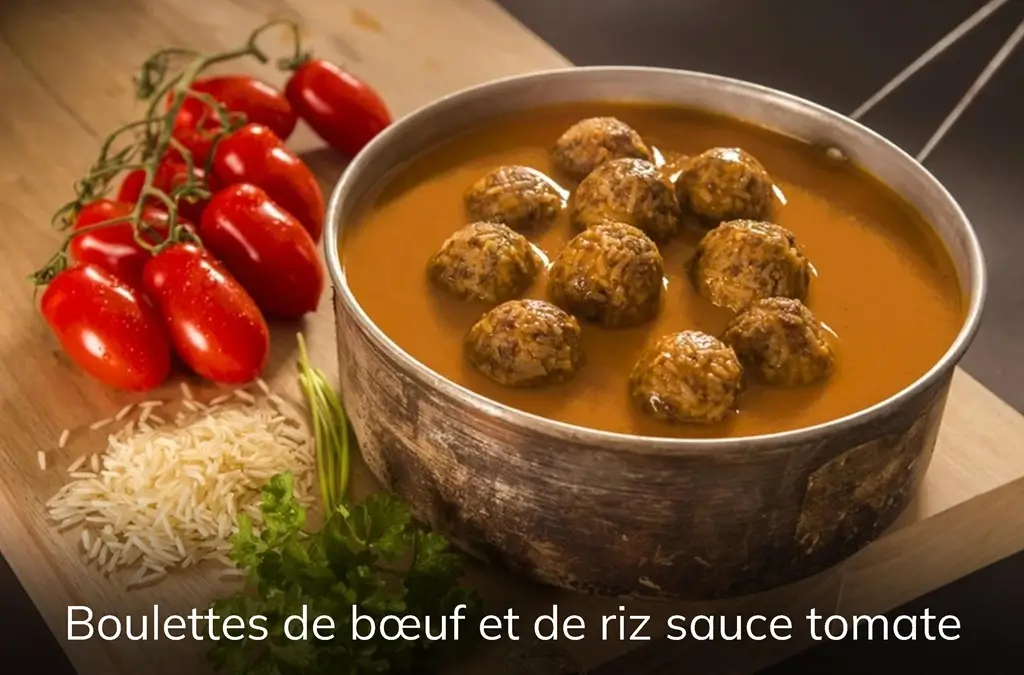 Plat cuisiné PRO-RATION : boulettes de bœuf et de riz basmati à la sauce tomate.