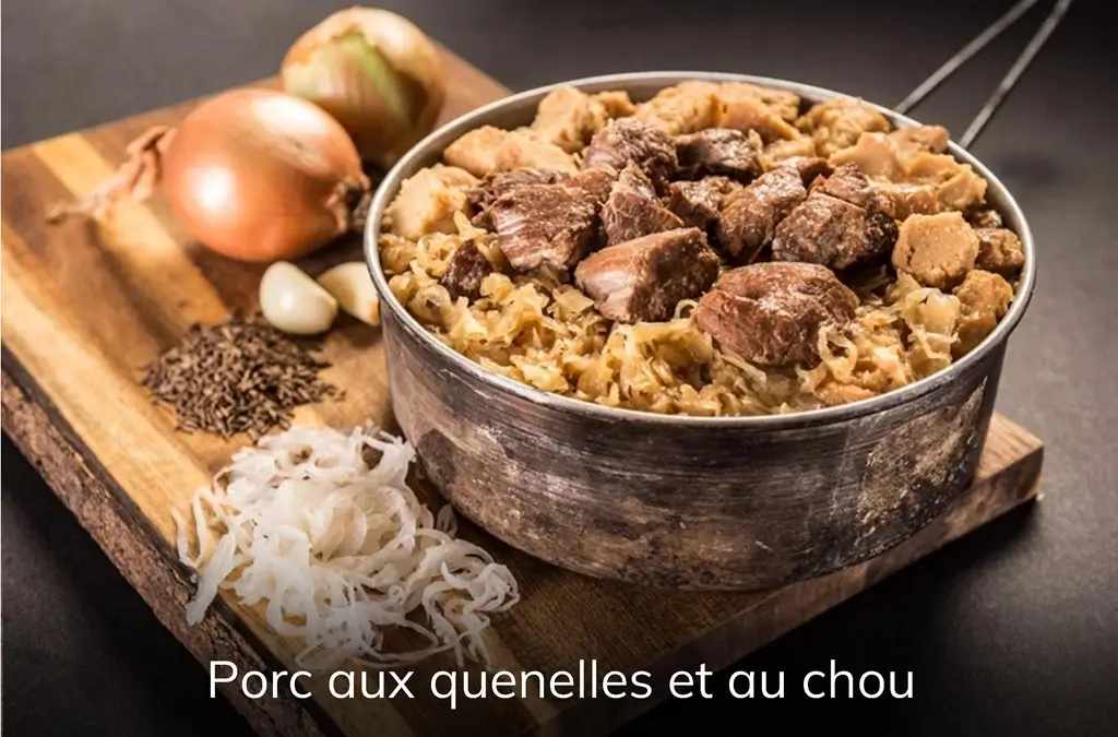 Plat cuisiné PRO-RATION : porc aux quenelles et au chou.