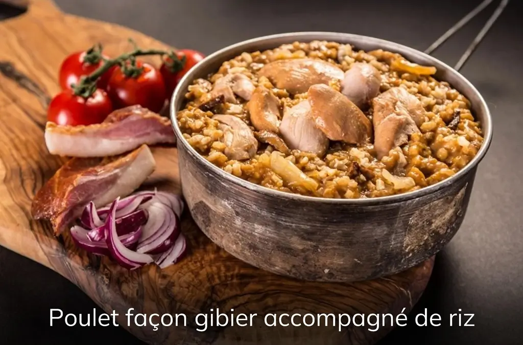 Plat cuisiné PRO-RATION : poulet façon gibier accompagné de riz.