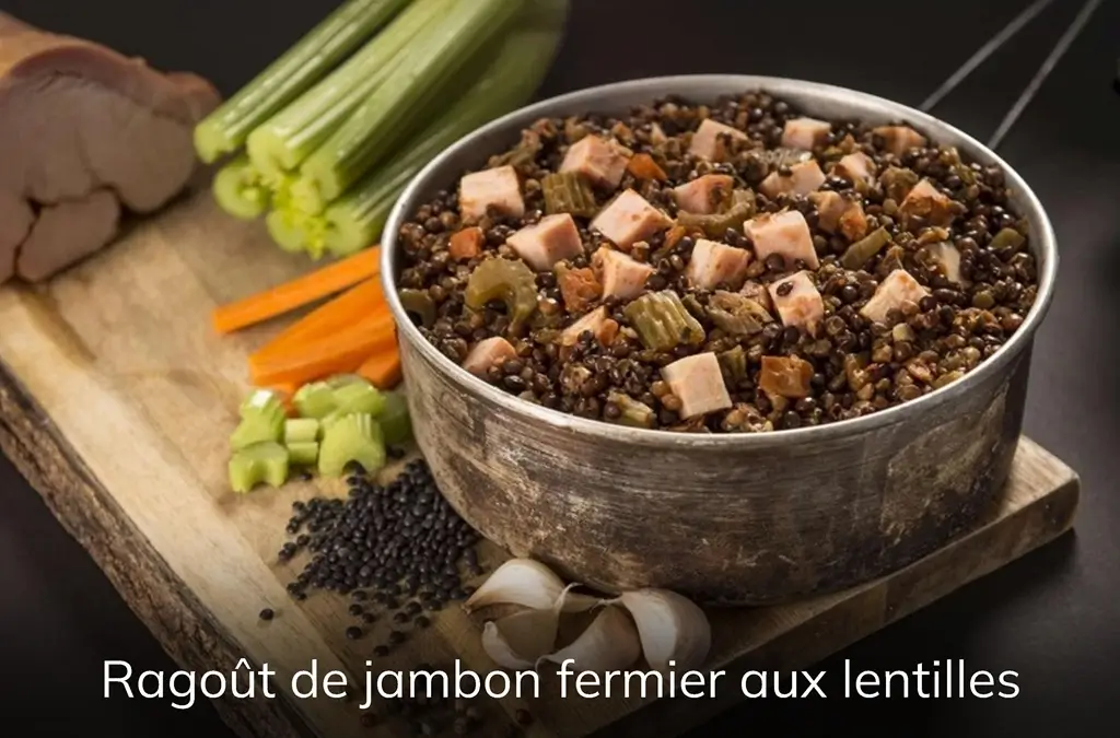 Plat cuisiné PRO-RATION : ragoût de jambon fermier aux lentilles.
