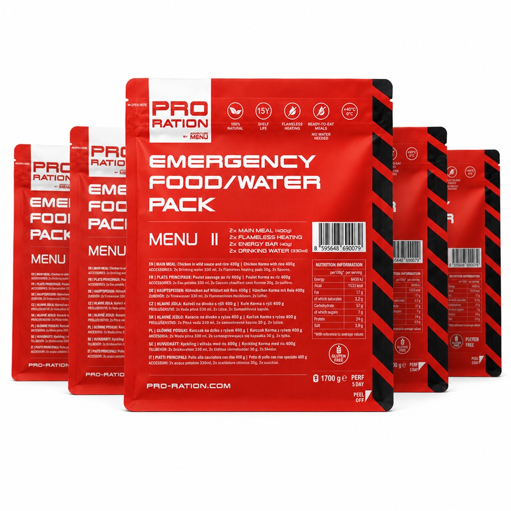 Kit alimentaire d'urgence 5 jours constitué de 5 Emergency Food / Water Packs PRO-RATION.