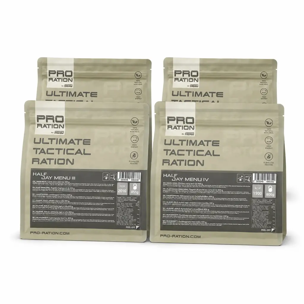 Kit de 4 rations MRE 12 h PRO-RATION pour une autonomie de 72 h en conditions de dépense physique modérée.