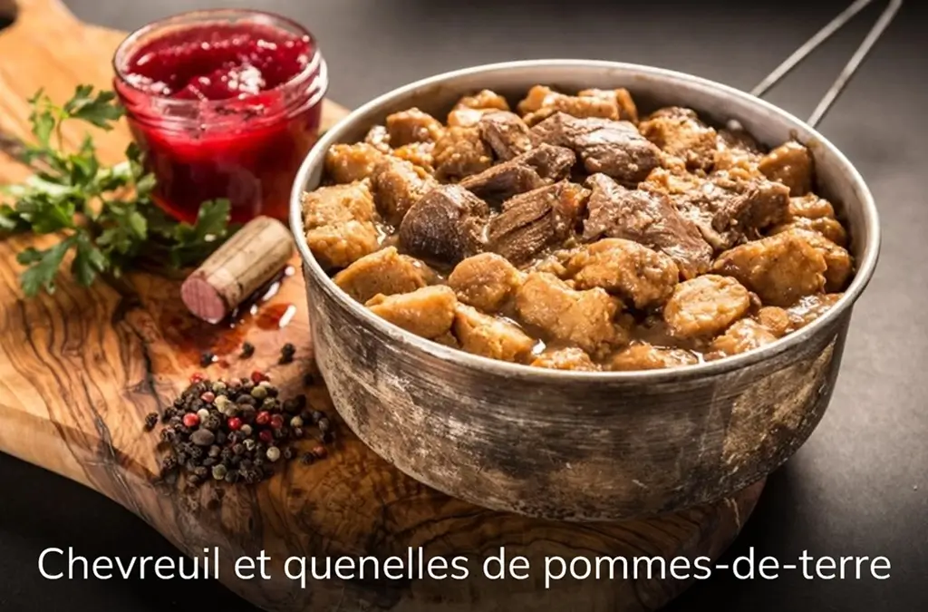 Plat cuisiné PRO-RATION : ragoût de chevreuil mijoté et quenelles de pommes-de-terre.