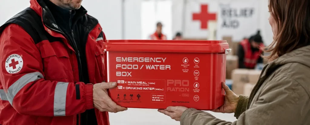 Stock alimentaire d'urgence PRO-RATION en situation de crise humanitaire.
