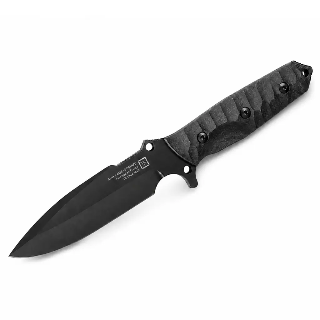 Couteau de survie Maraudeur à manche en G10 noir, fabriqué en France par TB Outdoor.